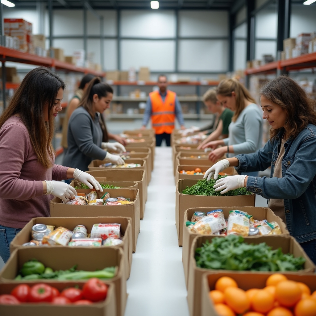 Voluntari sortând alimente la o bancă de alimente