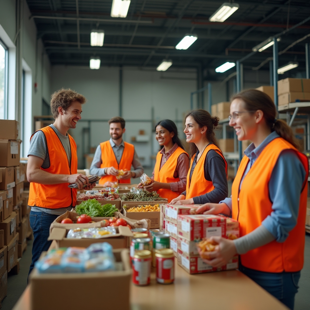 Voluntari lucrând la o bancă de alimente din România